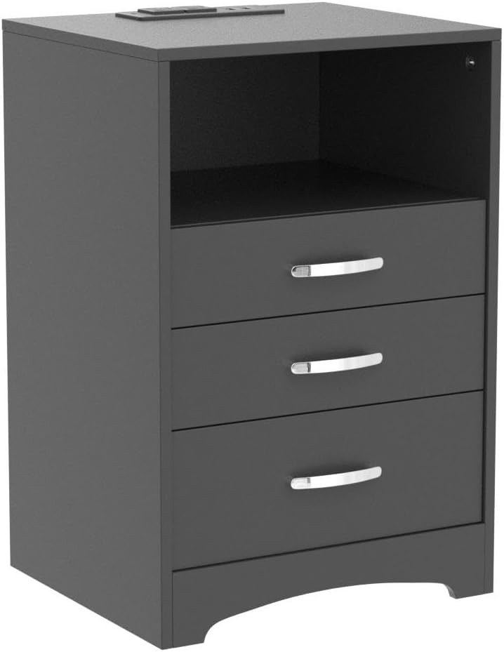 3 Drawers Black Nightstand with Charging Station, Side Table with Open Storage Bedside