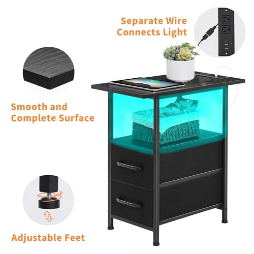 Narrow Side Table Set 2 with LED Light and USB C Port, Night Stand with Charging Station