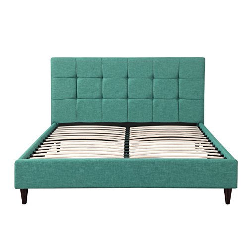 Modern Platform Bedframe With Wooden Slats, King Size, With Square Stitching Tufted