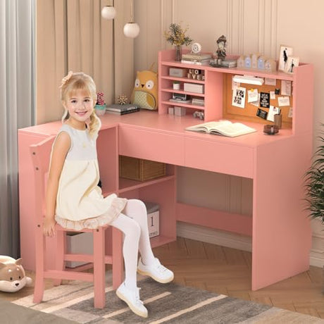 Kids Study Desk with 3-Color Lights,with Drawers and Shelves,KidsDesk with Bulletin Board, 41in*31in Pink Kids Desk and Chair Set for 5-12 Year Old, Kids Corner Desk and Chair set-lr40