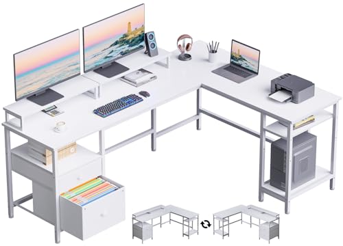White 66" L Shaped Desk with Shelves, Reversible Corner Computer Desk with File Drawer & Dual Monitor Stand, Large Home Office Desk Writing Study Gaming Table Workstation