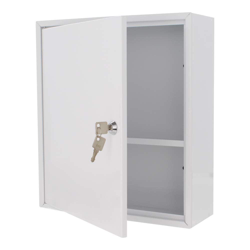 MK1 Medication Cabinet Steel White Sticker Cylinder Lock 2 Keys 1 Compartment Shelf inc