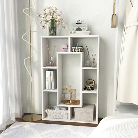 7 Cube Storage Organizer, Geometric White Bookshelf with Storage, Wood Open