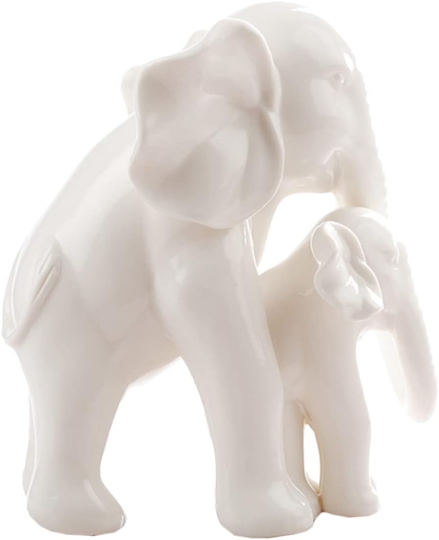 White Porcelain Mother Child Elephant Statue Lifelike Baby Elephant Figurine Elephant