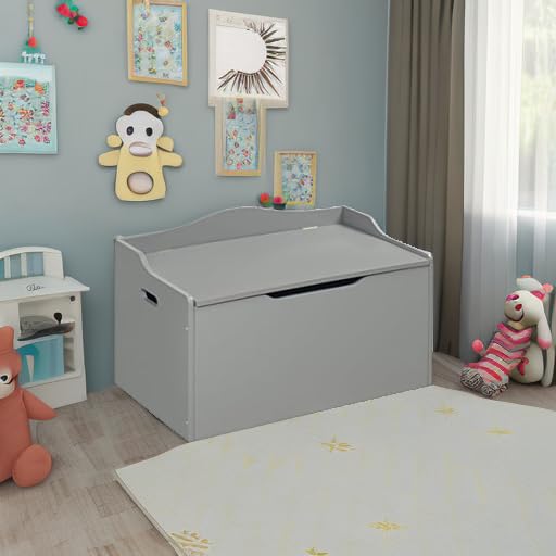 Bench-Top Wooden Toy Box in Gray – Safe Storage Chest with Dual Safety Hinges, Side