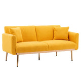 Convertible Futon Sofa Bed, Teddy Upholstered Folding Sleeper Sofa with Adjustable Backrest and 2 Pillows, Button Tufted Loveseat Sofa Couch with Metal Legs for Living Room Bedroom Office, Mustard 2