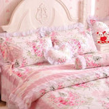 ,Romantic Flower Print Bedding Set,Floral Bed Set,Princess Lace Ruffle Duvet Cover King