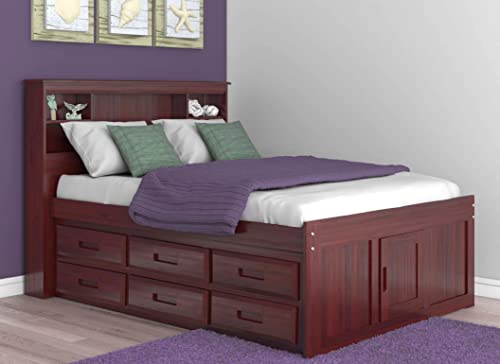 Model 82821K6-22 Solid Pine Full Captains Bookcase Bed with 6 Drawers in Rich Merlot