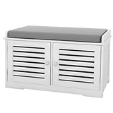 Shoe Storage Benches White Shoe Rack Bench with 2 Doors & Padded Seat Cushion in Grey Shoe