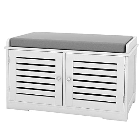 Shoe Storage Benches White Shoe Rack Bench with 2 Doors & Padded Seat Cushion in Grey Shoe