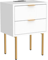 Nightstand with Charging Station, Mid-Century Modern Bedside Table with 2 Storage