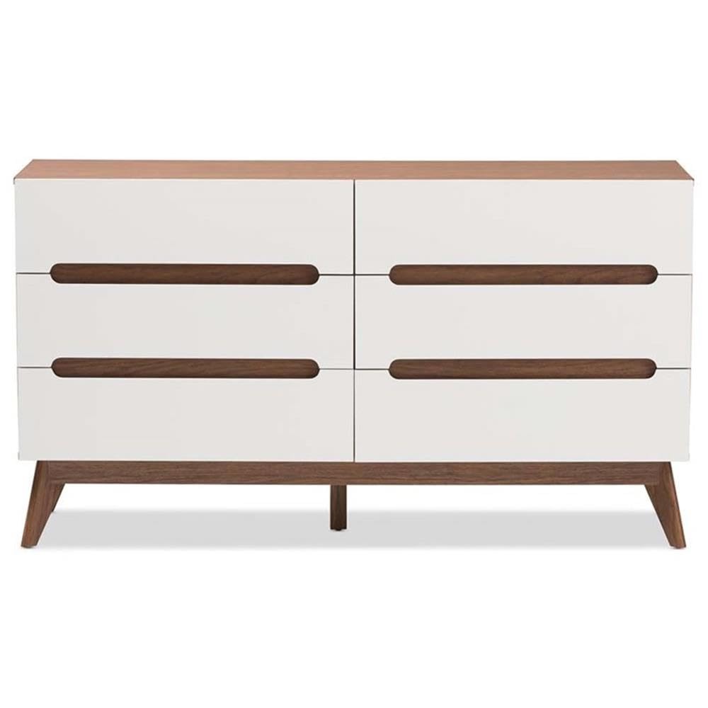 Calypso Mid-Century Modern White and Walnut Wood 6-Drawer Storage Dresser/Mid-Century/Particle