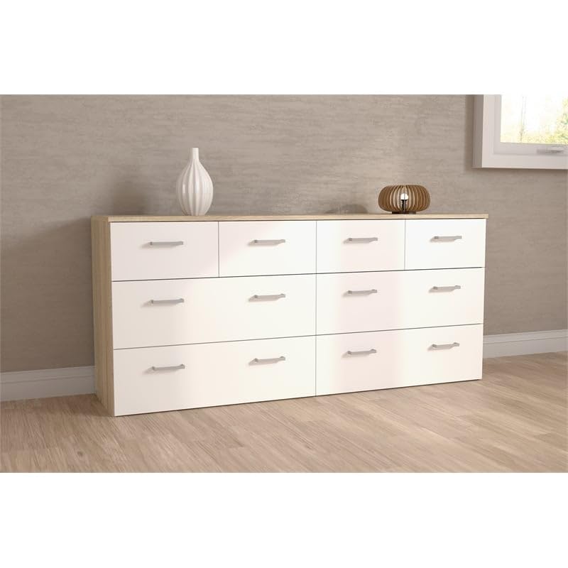 8 Drawer Double Dresser, Oak Structure, White