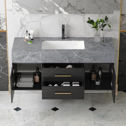 Modern 39" Black Floating Bathroom Vanity Set Stone Top Wall Mounted Bathroom Cabinet