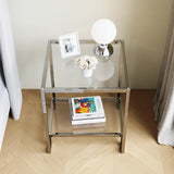 2 Tier Square End Table Side Table with Tempered Glass Top and Silver Stainless Steel