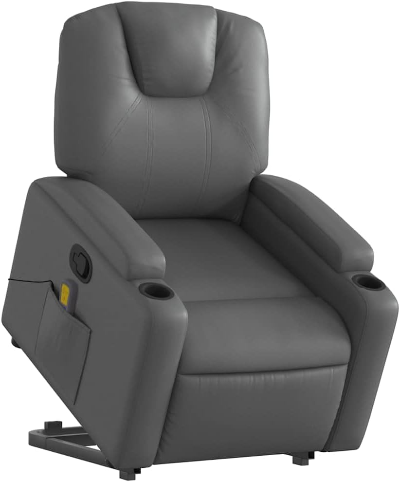 Power Lift Massage Recliner Chair - Manual Reclining, Vibrating Massage, Cup Holders, Faux Leather, Electric Stand-Up Aid, Gray