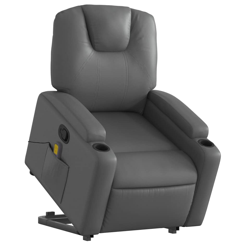 Power Lift Massage Recliner Chair - Manual Reclining, Vibrating Massage, Cup Holders, Faux Leather, Electric Stand-Up Aid, Gray