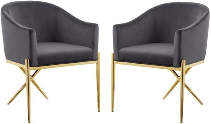 2 Piece Velvet Contemporary Dining Room Arm Chair Set with Gold Metal Legs