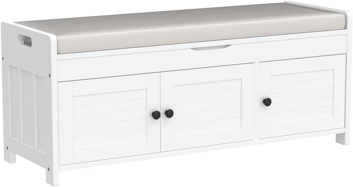 Bench with 3 Shutter-Shaped Doors, Shoe Bench with 2 Size Storage Space and with Removable