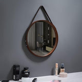 Nordic Wall Mounted Large Round Mirror, PU Leather Strap Circle Hanging Mirror