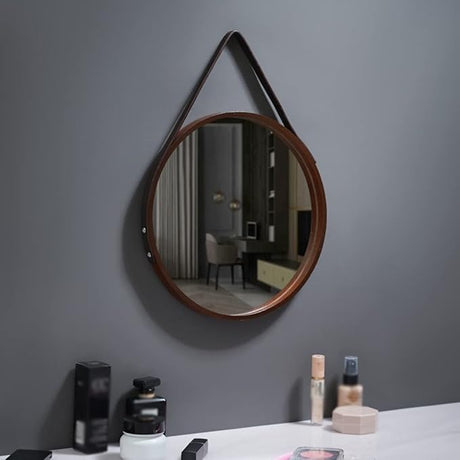 Nordic Wall Mounted Large Round Mirror, PU Leather Strap Circle Hanging Mirror
