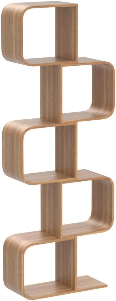 5-Tier S-Shaped Geometric Modern Bamboo Bookshelf, Large Capacity Creative Display Curved Rack Free