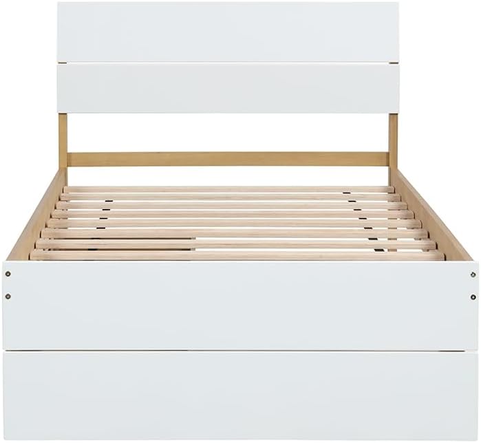 Bed Frame, with 2 Drawers, White High Gloss Headboard Footboard, No Spring Box Needed,