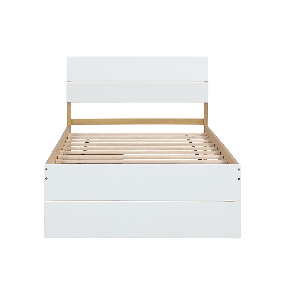 Bed Frame, with 2 Drawers, White High Gloss Headboard Footboard, No Spring Box Needed,