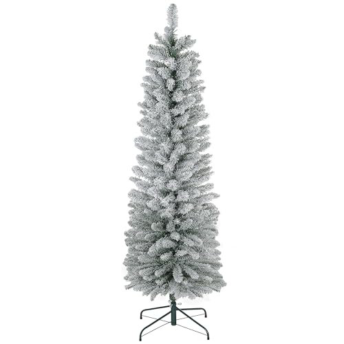 6ft Artificial Pencil Christmas Tree with 329 Snow Flocked Tips, Metal Base