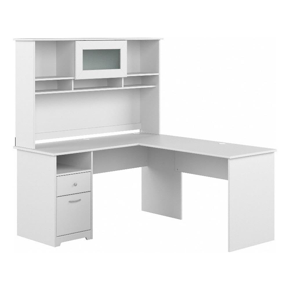 Cabot 60W Single Pedestal L Desk with Hutch, White