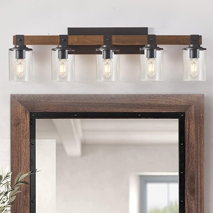Rustic Wood Vanity Lights,3-Light Farmhouse Bathroom Lighting Fixtures with Clear Glass Shade