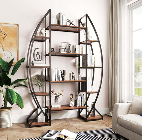 Large Oval Bookshelf – 70” Tall, 5-Tier Industrial Metal & Wood Bookcase