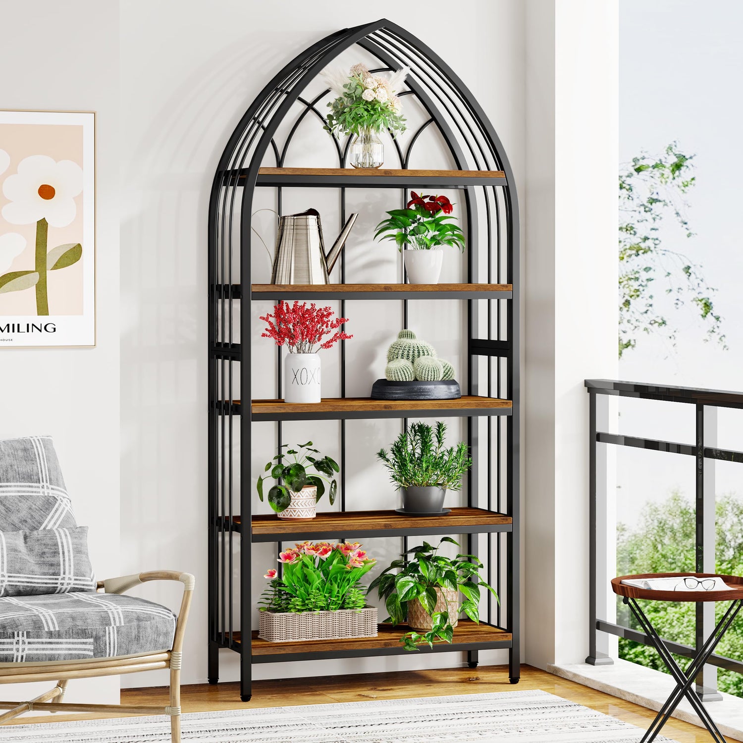 5-tier industrial plant stand with metal and wood shelves