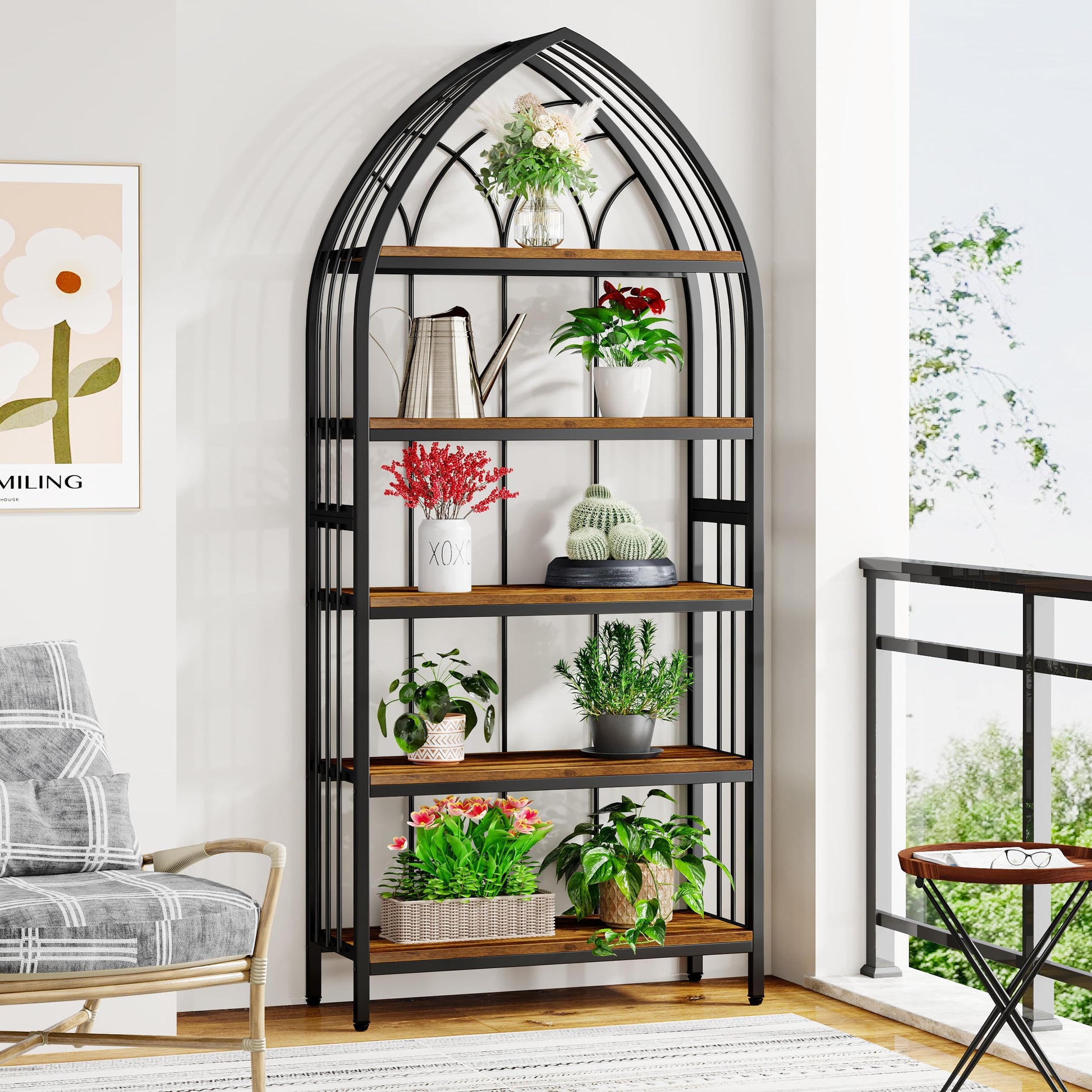 5-tier industrial plant stand with metal and wood shelves