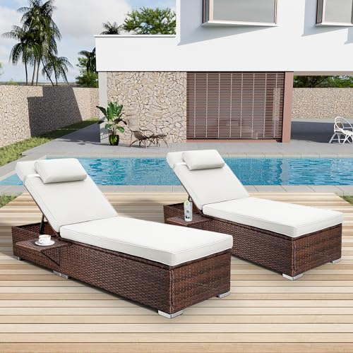 Outdoor PE Wicker Patio Lounge Chairs Set of 2, Outside Rattan Pool Lounge Chair