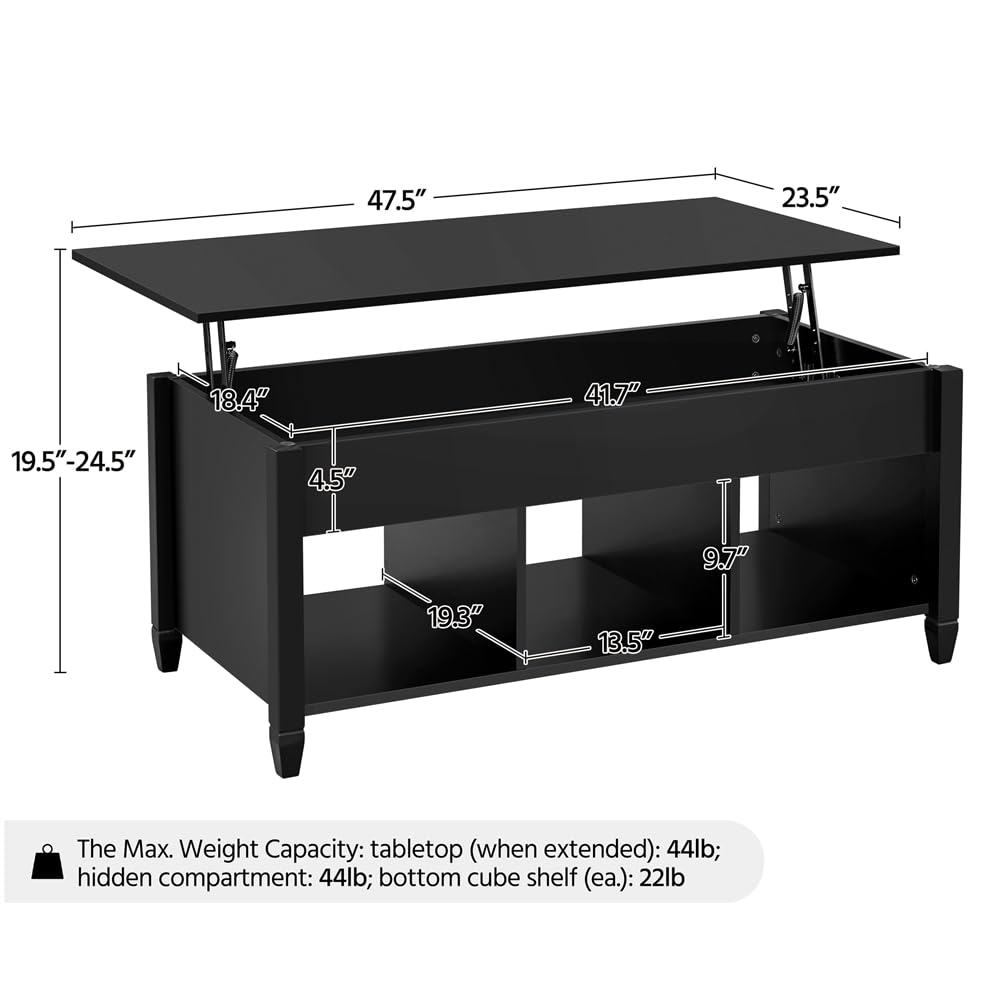 Black Coffee Table, 47.5in Lift Top Coffee Table, Lift Up Center Table