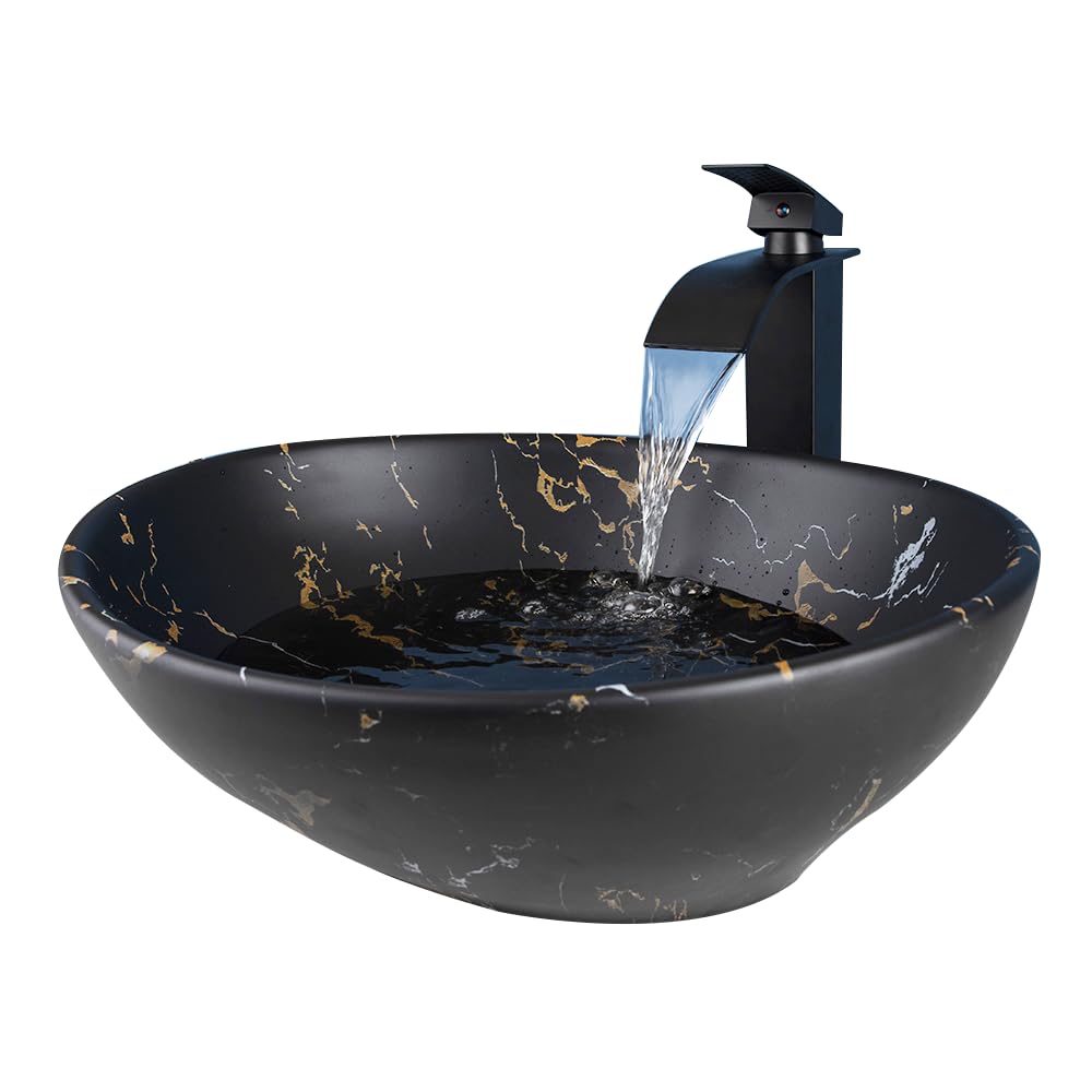 Bathroom Vessel Sink,Oval Ceramic Vessel Sink with Faucet and Pop-Up Drain Combo