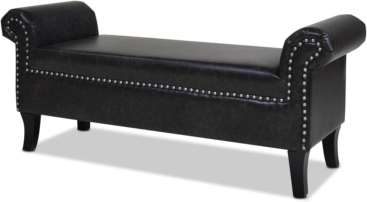 Jennifer Taylor Home Kathy Roll Arm Entryway Accent Bench, Vintage Black Brown Faux Leather