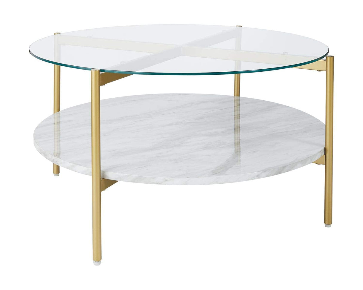 Wynora Contemporary Round Coffee Table with Glass & Faux Marble, White & Gold