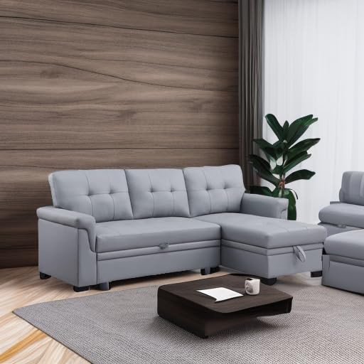 Lexi 83.5" W Gray Vegan Leather Modern Reversible Sleeper Sectional Sofa with Storage