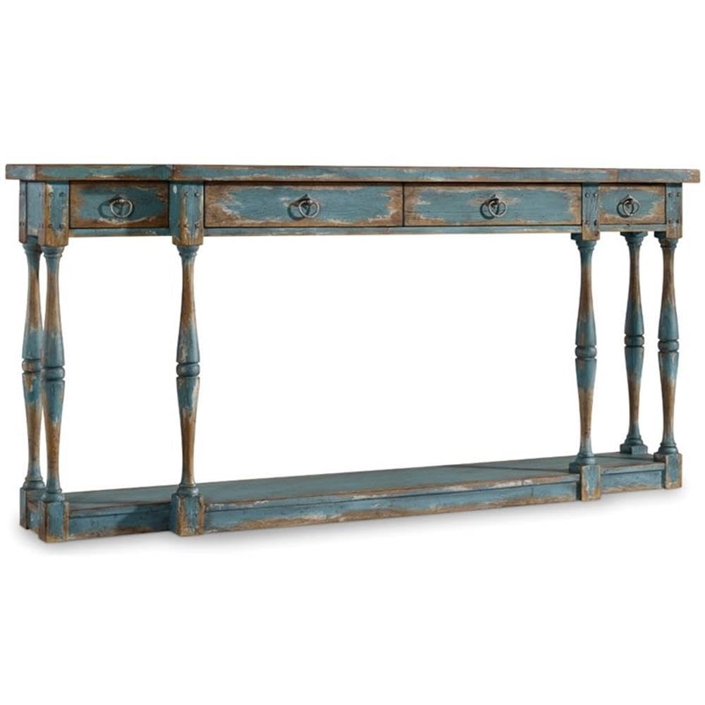 4-Drawer Modern Wood Console Table with Bottom Shelf in Azure Blue