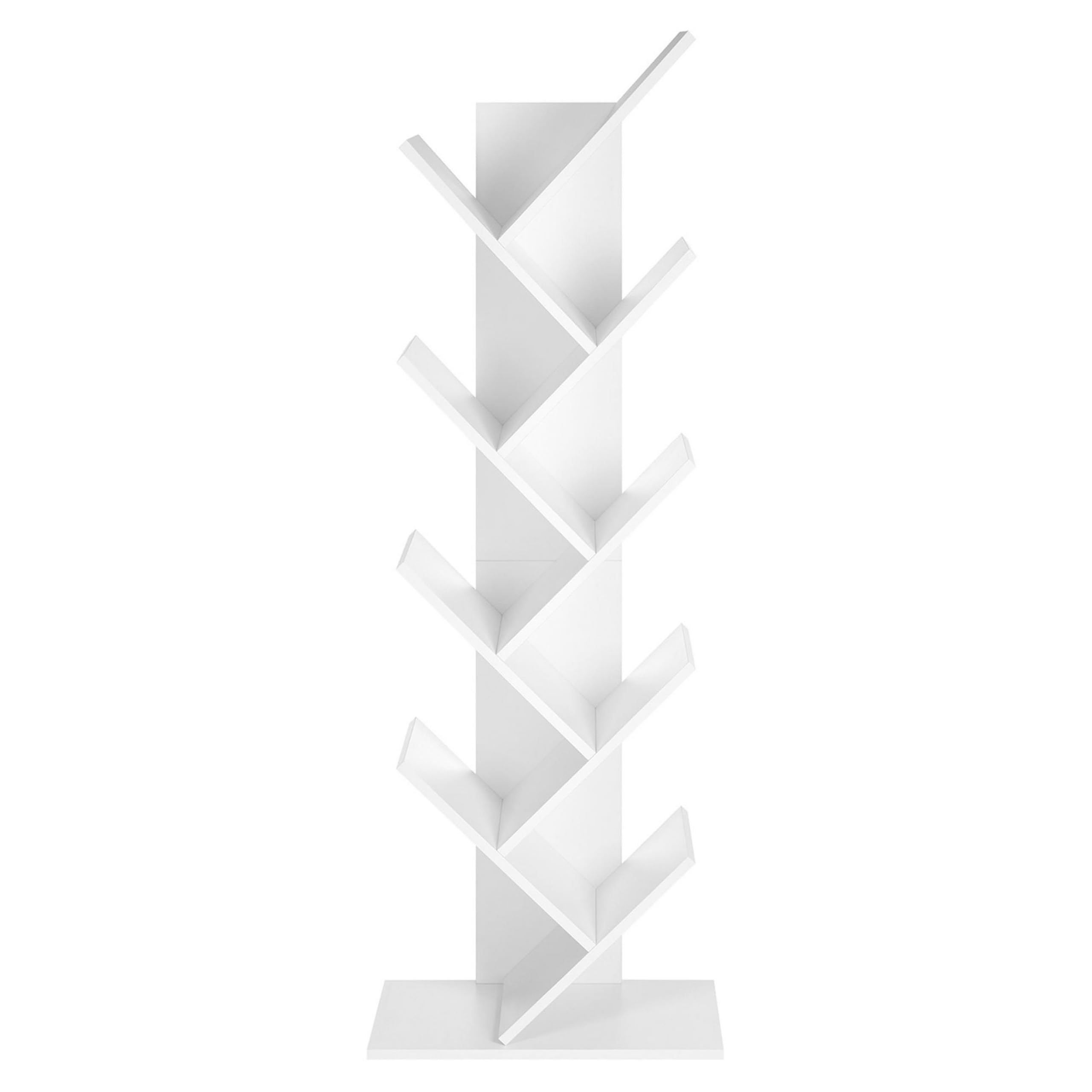 56 Inch Modern Bookcase, 8 Tree Style Branched Shelves, White Wood