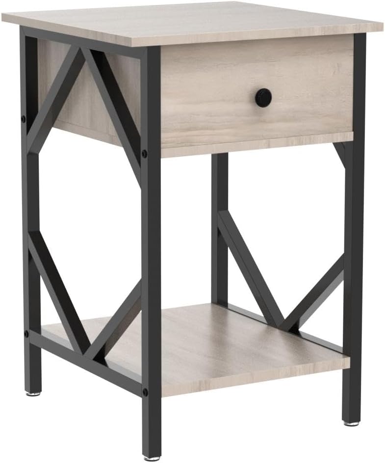 Set of 2 Industrial Wood Nightstand, Accent End Table with Drawer and Shelf