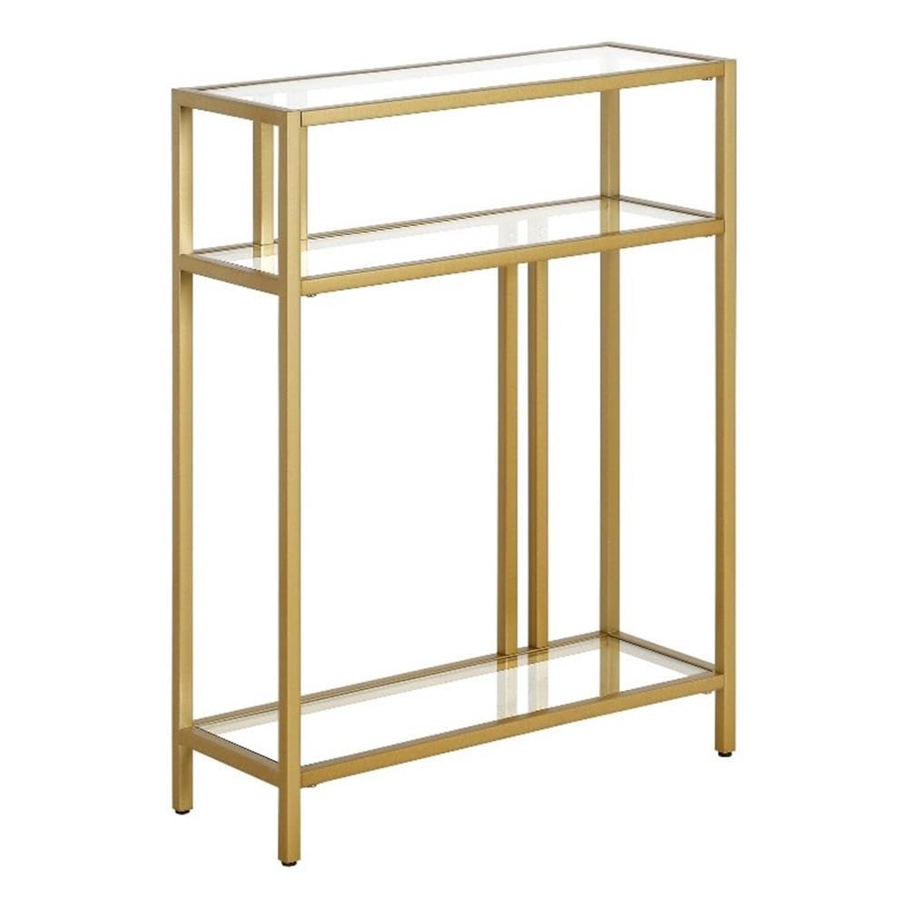 22" Wide Rectangular Console Table with Glass Shelves in Brass, Entryway Table