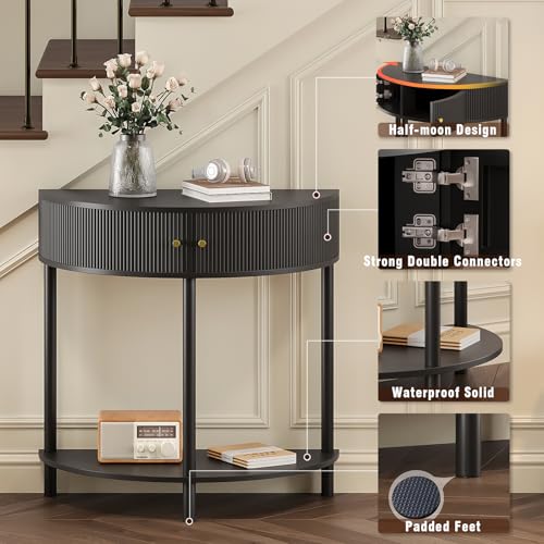 Fluted Half Moon Console Table with Storage