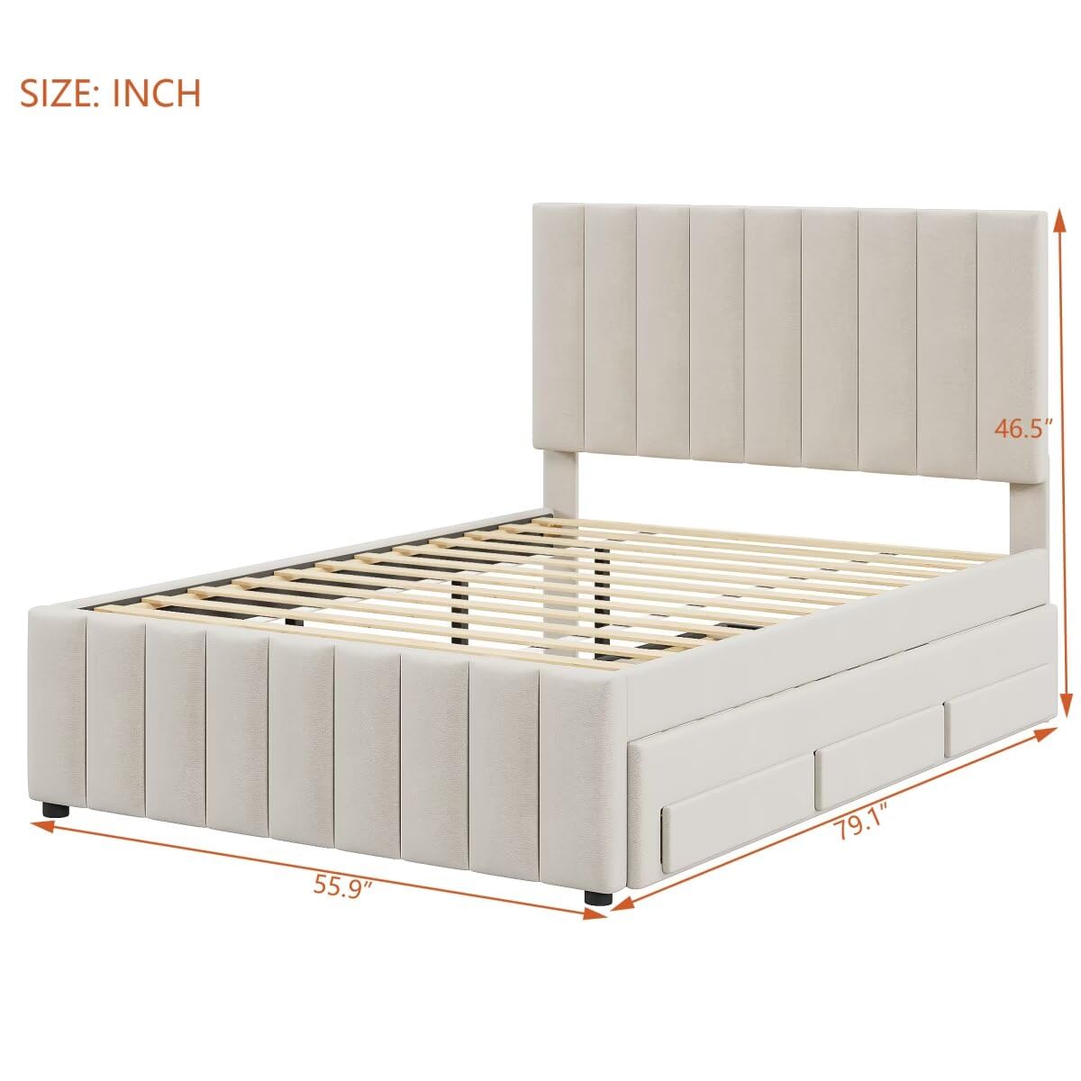 Upholstered Platform Bed with Twin Size Trundle and 3 Drawers, Linen Fabric, Beige
