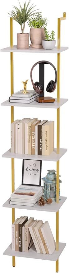 5 Tier Ladder Shelf, 70-Inch Wall Mounted Ladder Bookshelf Metal Frame