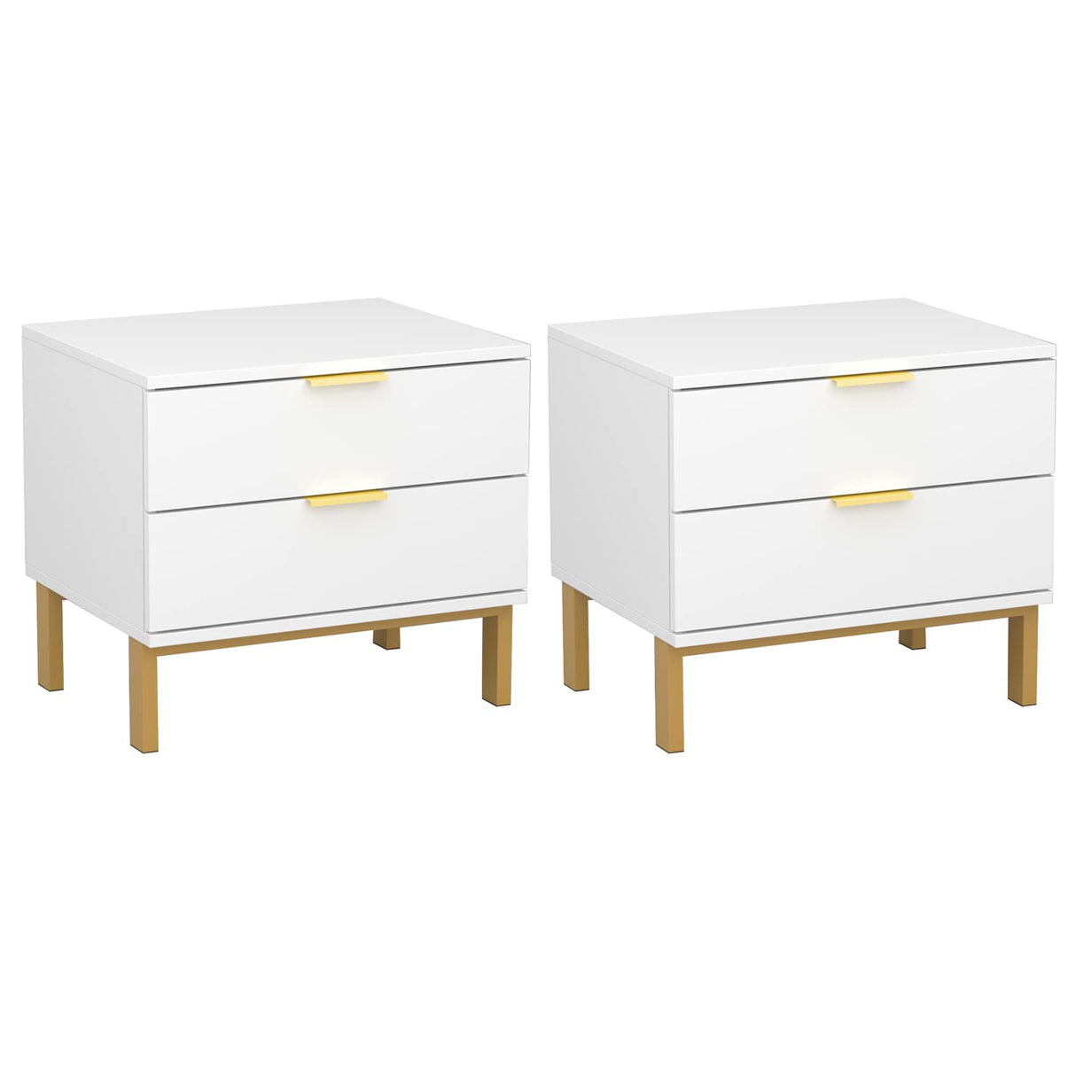 Set of 2 Nightstands with 2 Storage Drawers & Gold Metal Legs, Modern Bedside Table