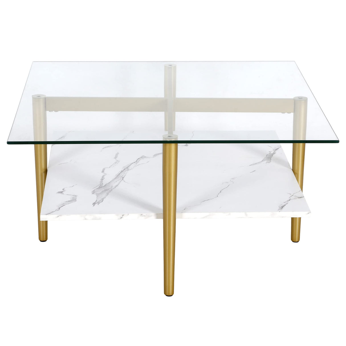 32" Wide Square Coffee Table with Faux Marble Shelf in Brass