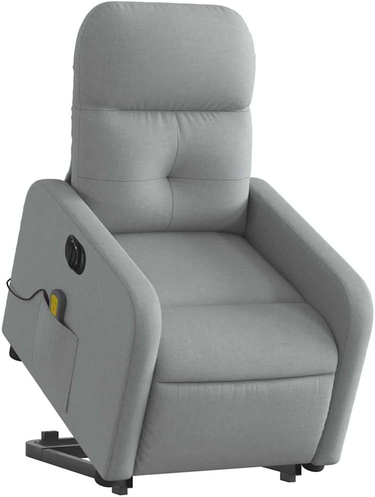 Power Lift Massage Recliner - Light Gray Fabric, Motorized Adjustable Back and Footrest, Vibration Massage, Side Storage Pocket